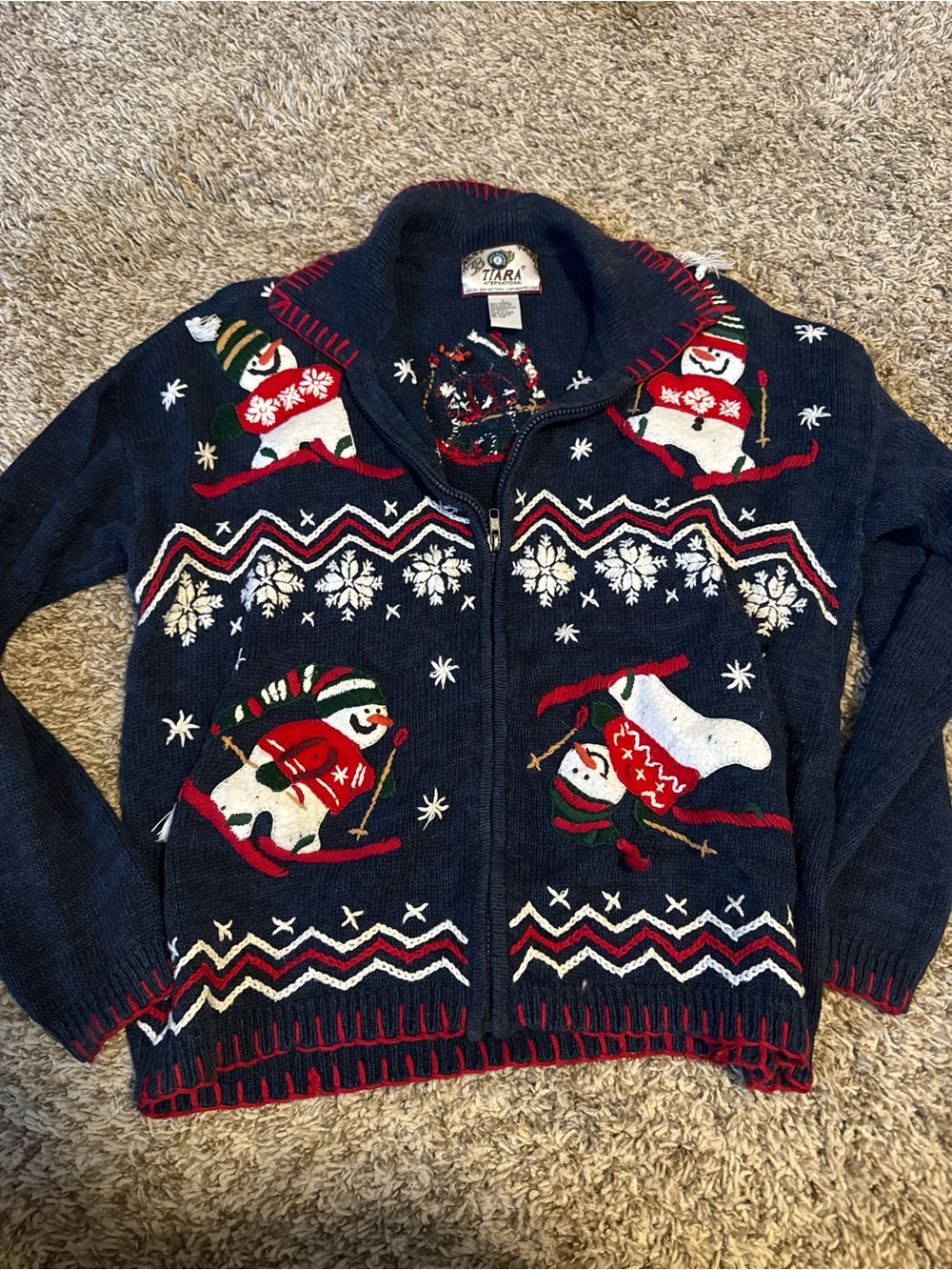 Vintage Navy Snowman Zip-Up Holiday Sweater